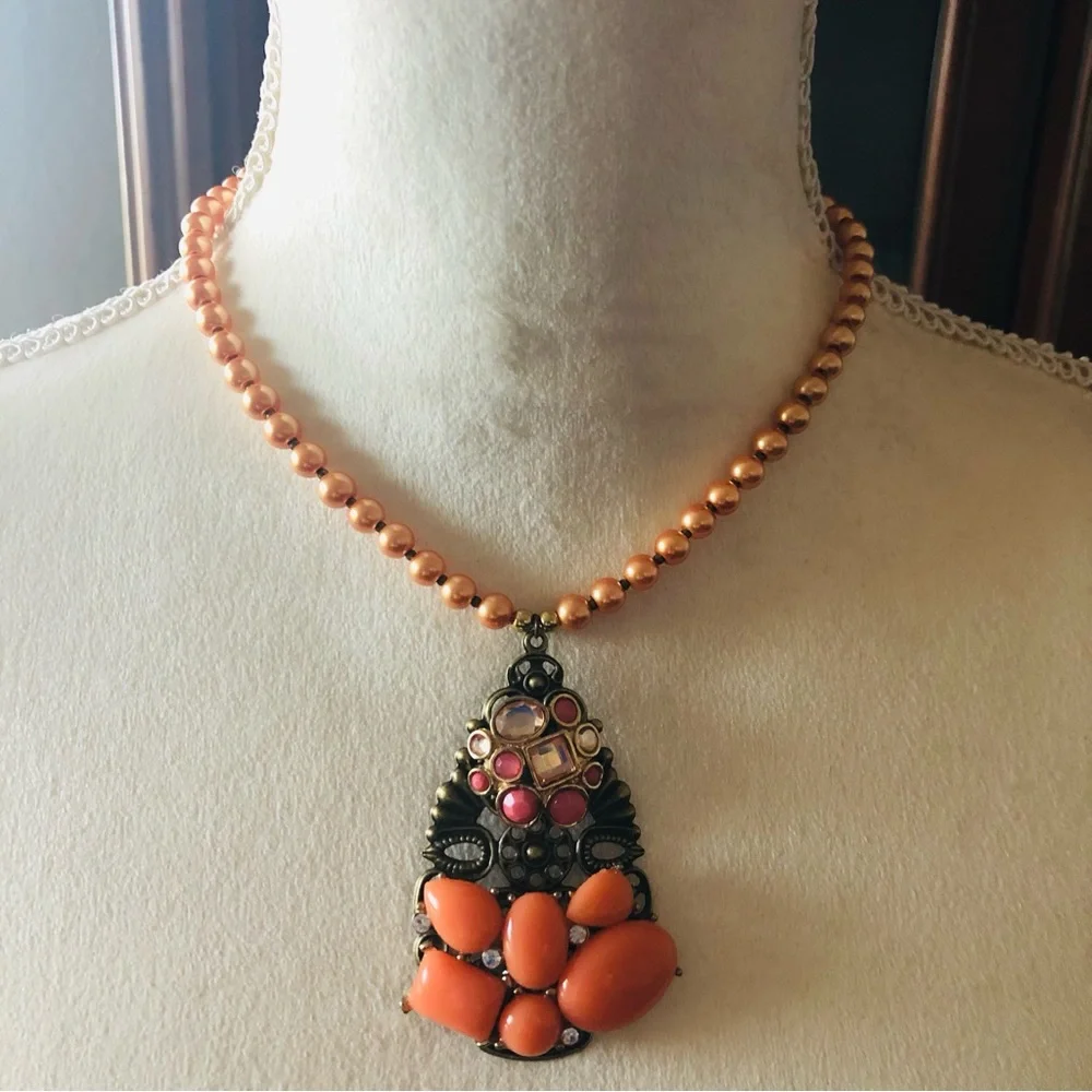 Handcrafted repurpose stone covered filigree pendant Czech glass Pearl necklace